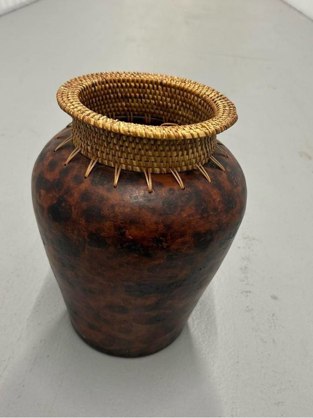 Wicker Top Pottery Vase Tortoise Shell Pattern